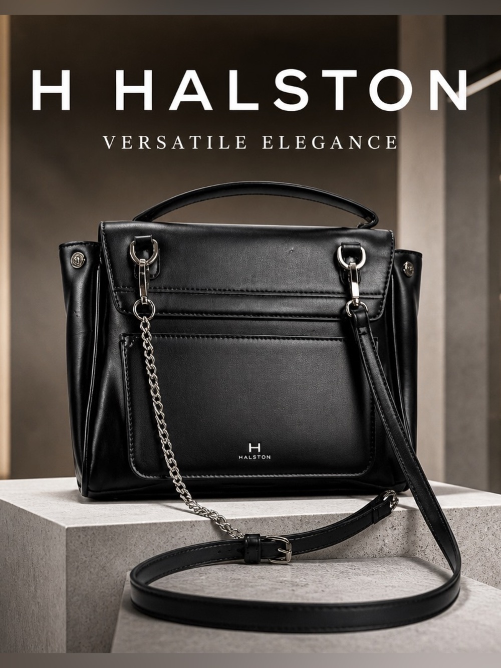 Halston Heritage Black Leather Crossbody Satchel with Chain Detail